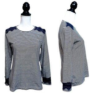 BROOKS BROTHERS Red Fleece Top, Black White Stripe Lace Minimalist Preppy, M